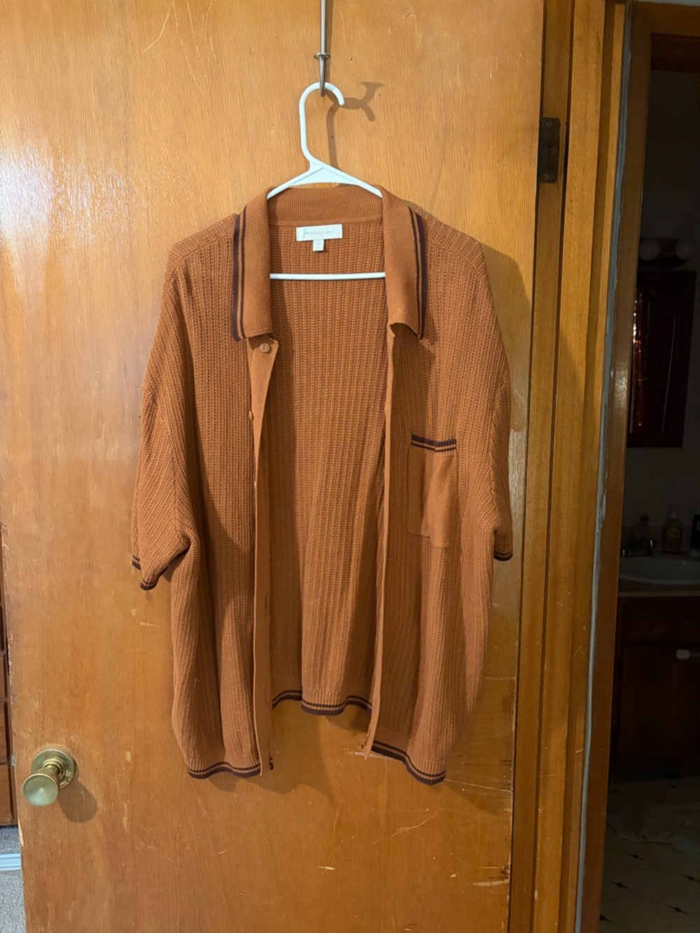 Button-Up Knit Shirt in Rust with Contrast Trim